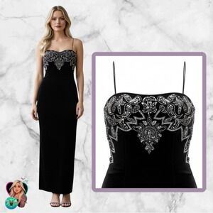 Women's 12 Beaded Sequin Maxi Dress Gown Black Velvet Y2K 90S Goth Glam Whimsi